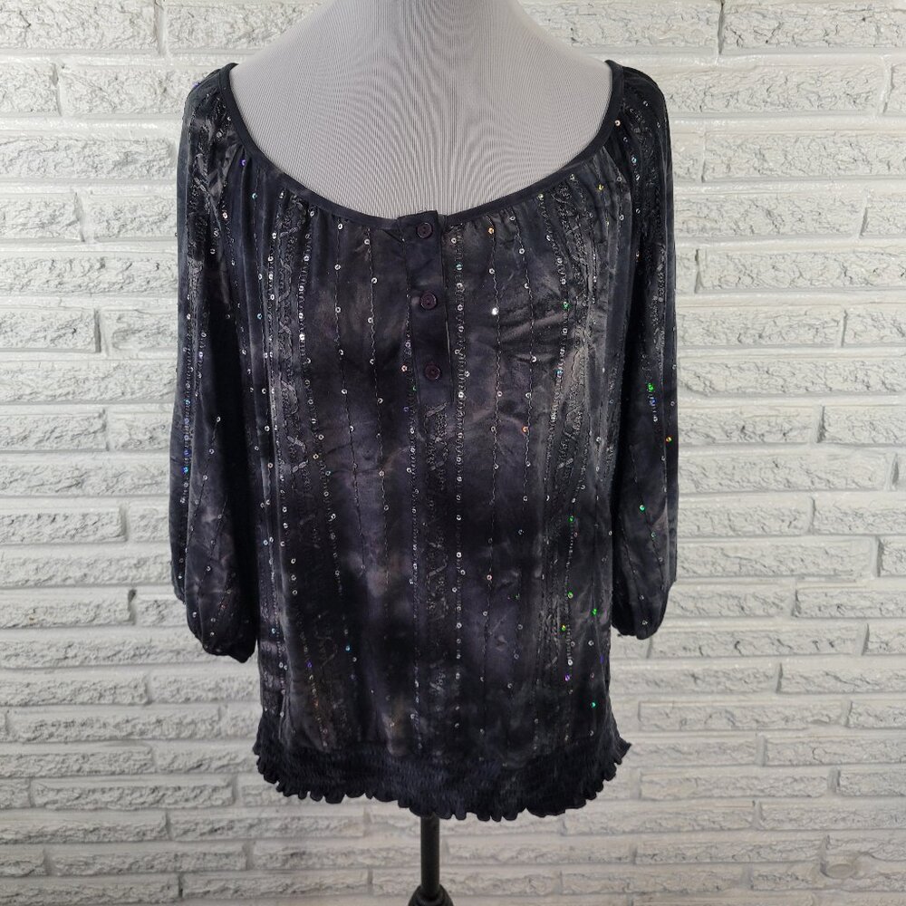 Dressbarn XL Peplum Top Black Sequin Embroidered 3/4 Sleeve Plus Size BLA155E
